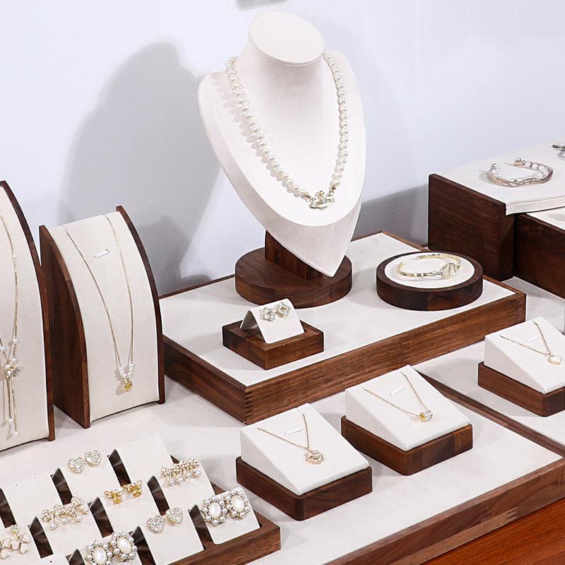 Walnut Wood Microfiber Jewelry Display Set for Necklace, Ring, Earrings, and Bracelet.