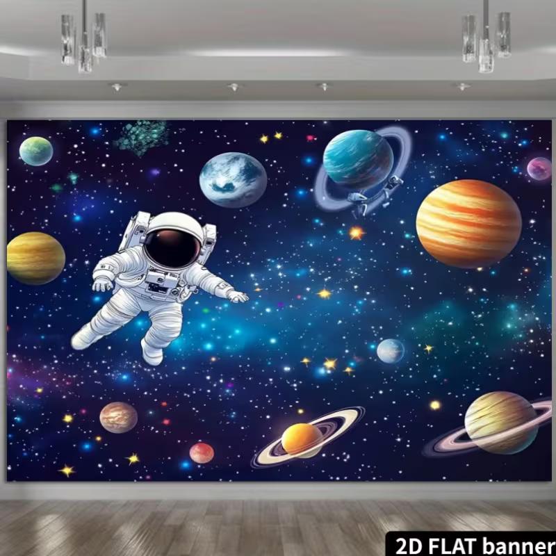 2D Cosmic Space Planets and Astronaut Wall Decor Backdrop