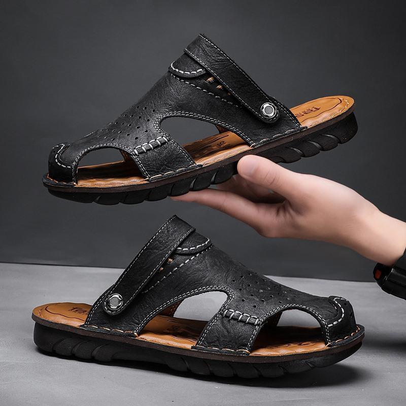 Cool Slippers Men'S Outdoor Fashion Cowhide Beach Shoes Breathable Bag Head Hole Shoes