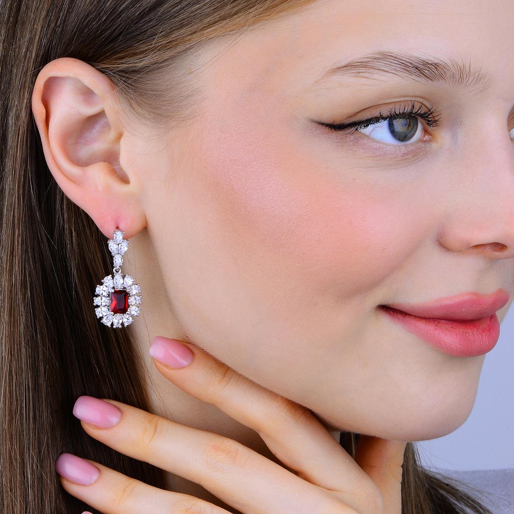 Rubinstein Silber Schmuckset, Rubin Ohrring, Ring, Halskette mit Zirkonia, Feines Schmuckset für Damen, Silbernes Alltagsset