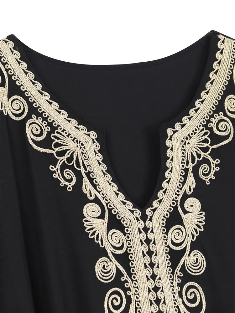 EDOLYNSA Solid Color Vintage Embroidered Bat Sleeve Kaftan Tunic Casual V-neck Side Split Beach Maxi Dress Summer Women Beachwear Swimsuit Cover Up