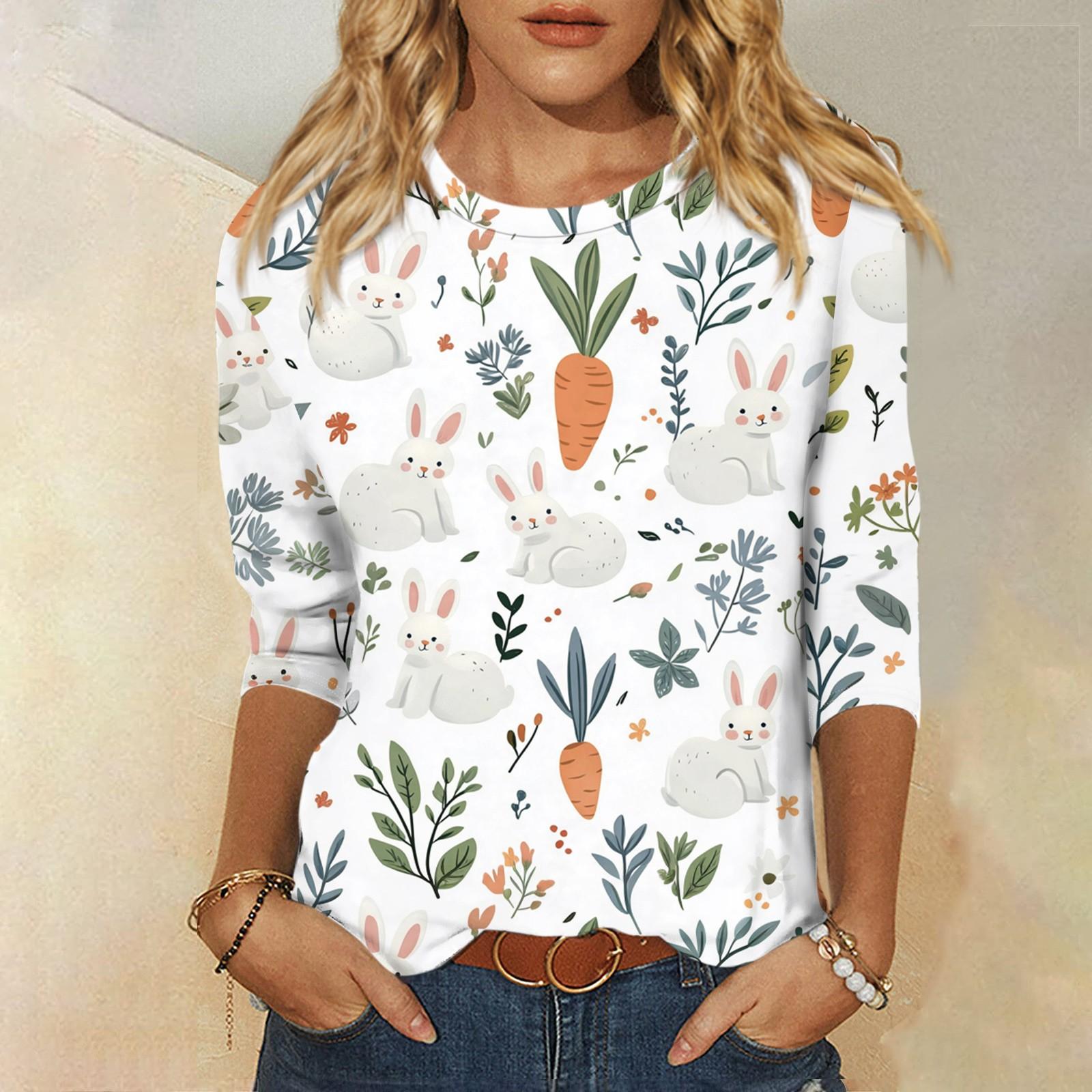 

Топы с рукавами 3/4 для женщин, футболка, повседневные топы с принтом, футболка, пуловер с круглым вырезом, блузка XL белый