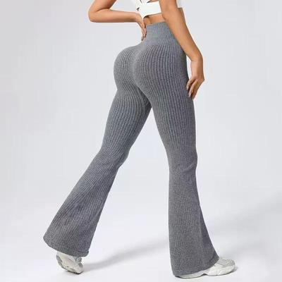 Pantaloni da Yoga a Zampa d'Elefante da Donna, Lavorati a Maglia a Coste, Monocolore, Vita Alta, Leggermente Svasati, Modellanti, Senza Cuciture, per Primavera e Autunno