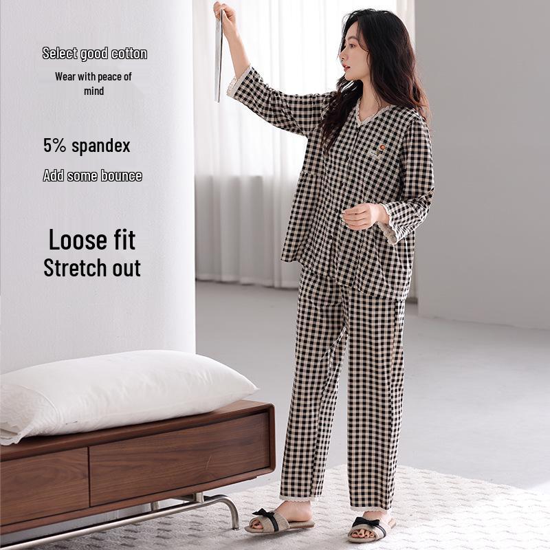 Women's Plaid Lycra Cotton Pajamas Long Sleeve High-End Set, Autumn/Winter