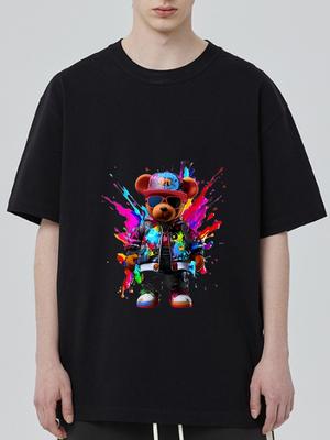 Black T Shirt with Colorful Bear Graphic Print for Casual Wear
