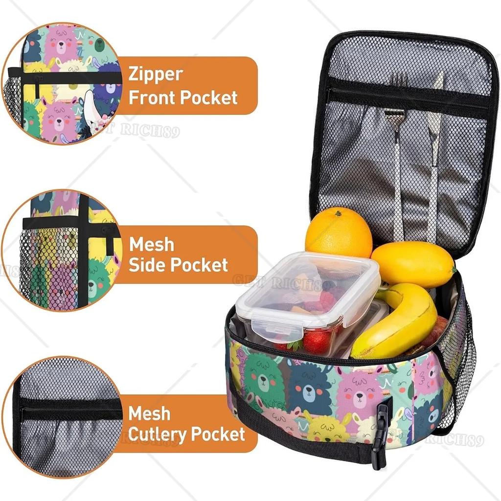 Llama Alpaca Insulated Lunch Bag for Kids Boys Girls Colorful Large Capacity Reusable Cooler Lunch Tote Bags for School Work