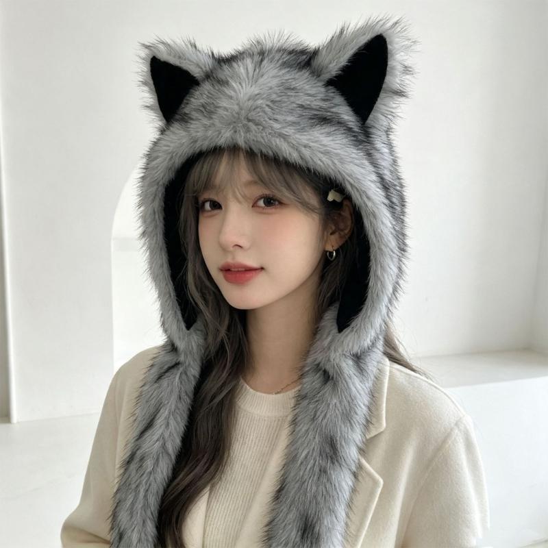 Plush Cats Ear Hat with Faux Furs Look Earflaps, Long Coverage Thick Warm Hat for Cold Weather Daily Outfit Styling, Outdoor Activity