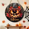 Fall Seasonal Door Hanger Halloween Wooden Sign, Flame Pumpkin Maple Leaf Printed Round Hanging Plaque, Wall for Shop Window Waterproof Decorative