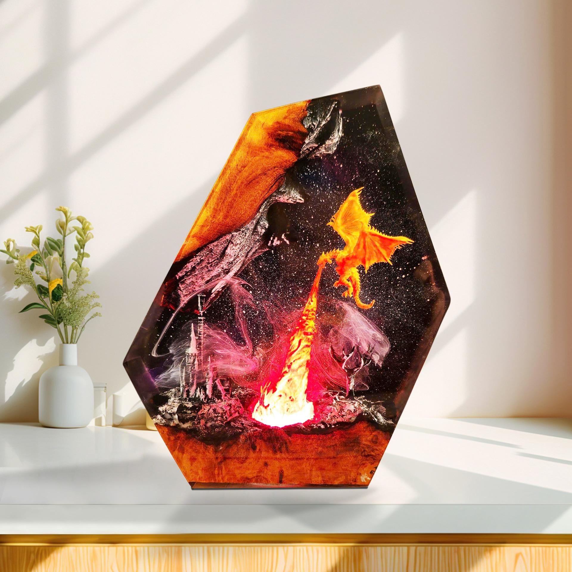 

Fire-Breathing Dragon and Castle Epoxy Resin Night Light Medieval Attack Scene Diorama featuring LED Fantasy Art Sculpture Desk Lamp 8x5 inches
