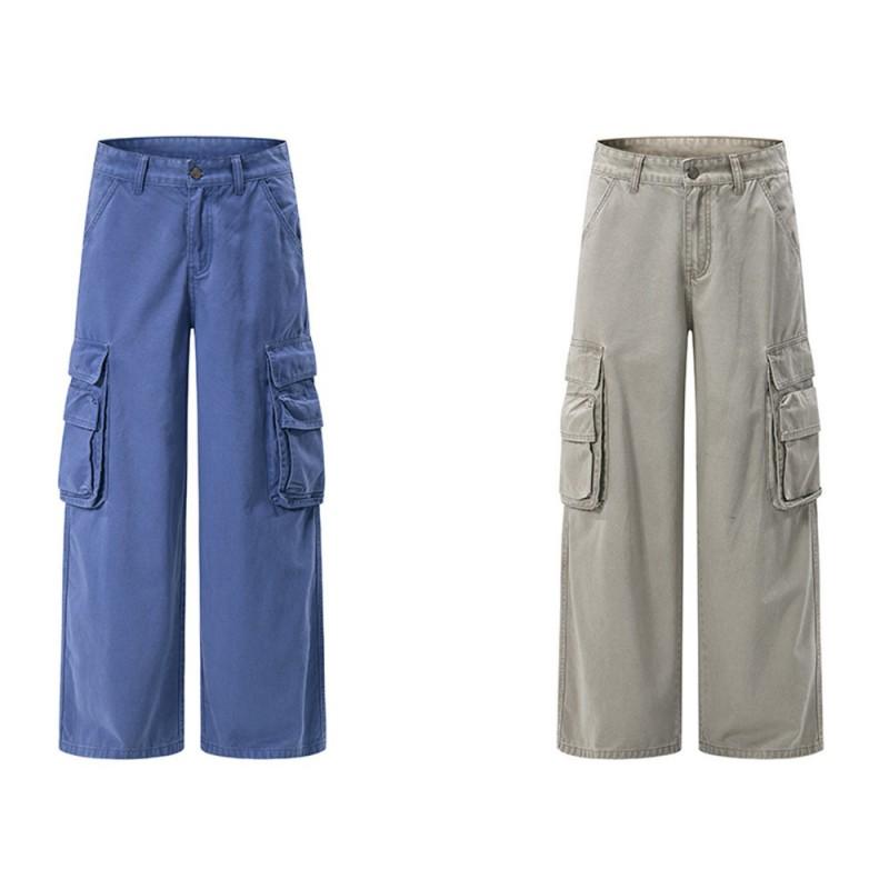 Mens Loose Straight Leg Cargo Pants Streetwear Vintage Multi-Pocket Casual Trousers