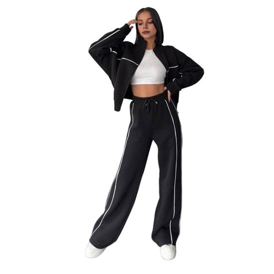 Women Winter 2 Piece Suit Half High Collar Zip Up Long Sleeve Top Elastic Waist Wide Leg Pocket Trousers
