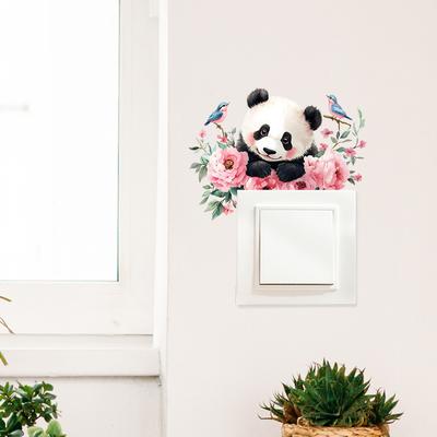 Watercolour Flowers Leaves Little Panda Bedroom Living Room Switch Home Background Beautification Wall Sticker