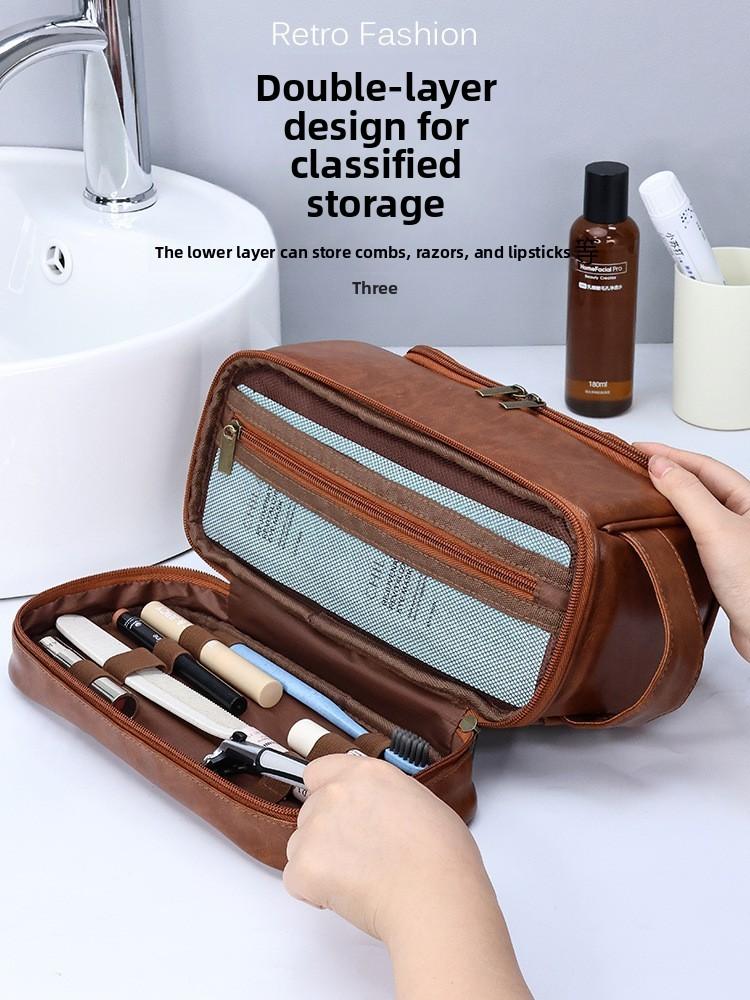Men Double Layer Travel Toiletry Bag With Waterproof Pu Material For Business And Outdoor Use