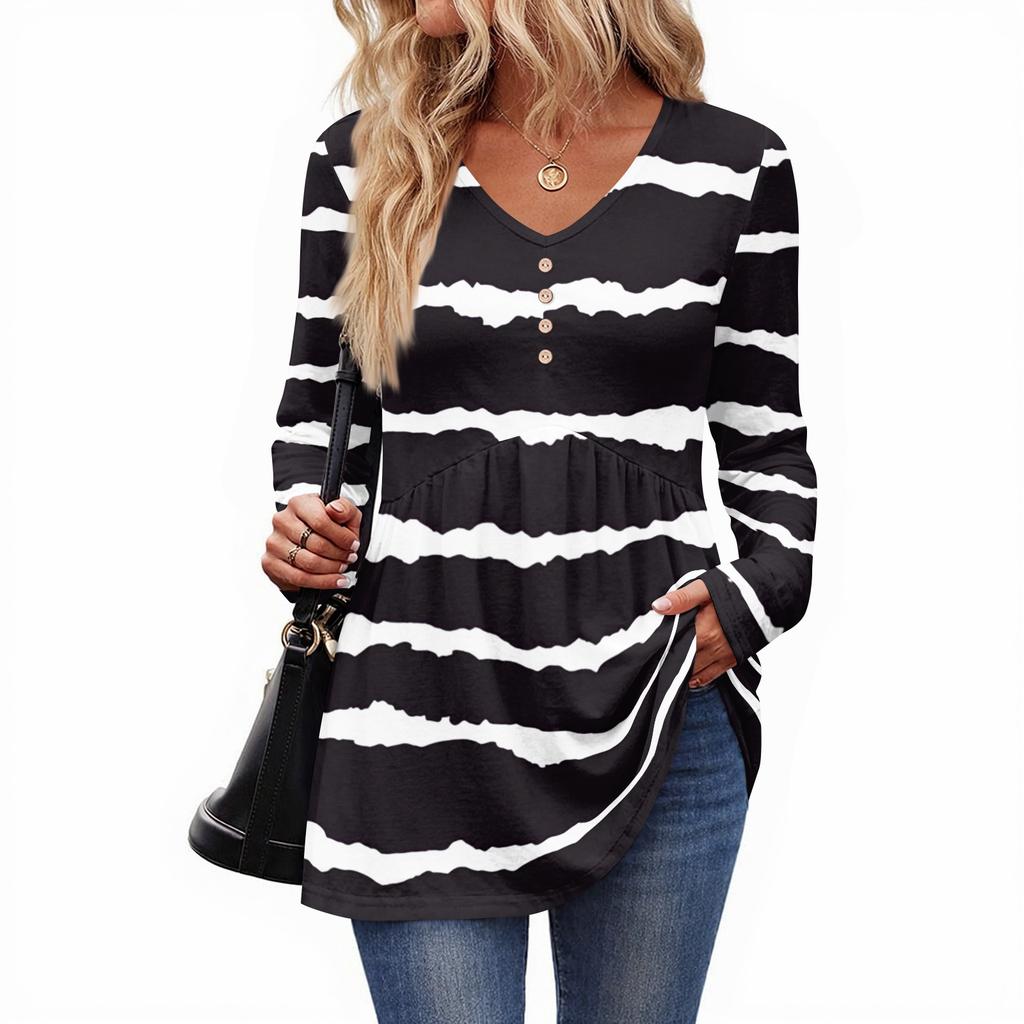 Women's Casual Fashion V-Neck Button Striped Long Sleeve Top