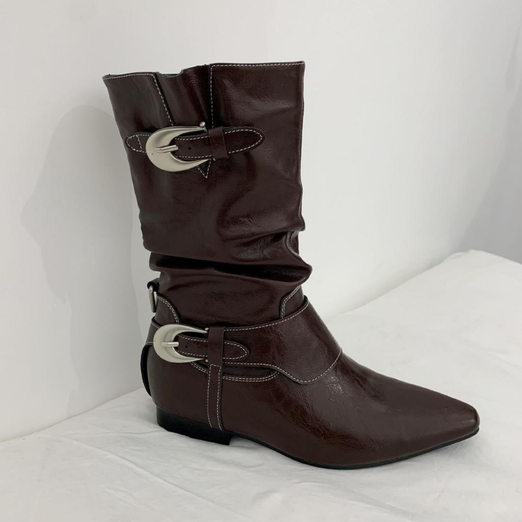 Cowhide Version Niche Design Belt Buckle Martin Boots Medium Boots Women'S Season Pointed Head Flat-Bottomed Cowboy Boots