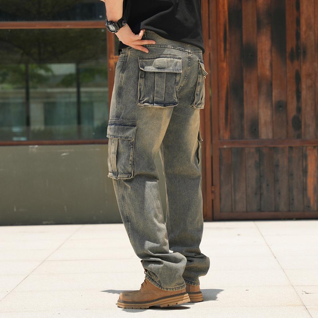 Herren Cargohosen Gewaschen Schwarz Grau Denim Mehrere Taschen Lockere Passform Gerade Beine Hosen