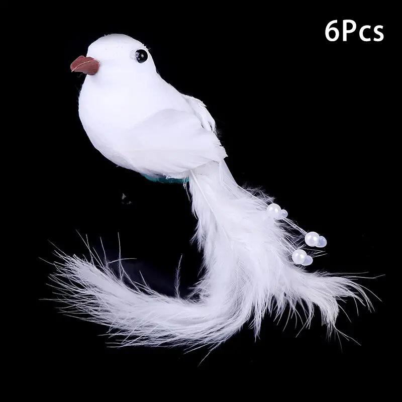 6/12Pcs Realistic White Artificial Feather Birds Fake Doves Foam Bird Figurines with Pearl Sccents