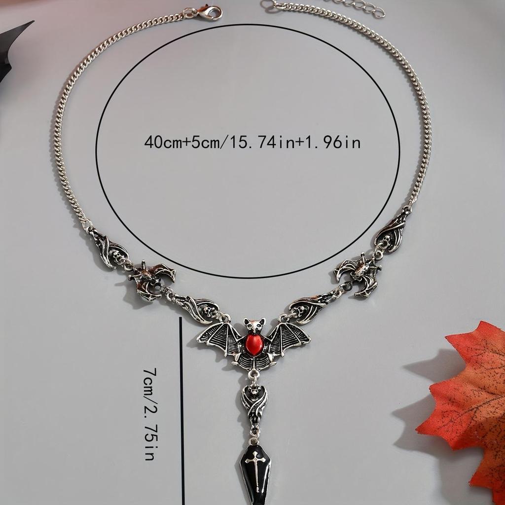 Halloween Bat Long Pendant Y-shaped Necklace, Gothic Inlaid Red Acrylic Bead Cross Pendant, Suitable for Daily Parties During Holidays