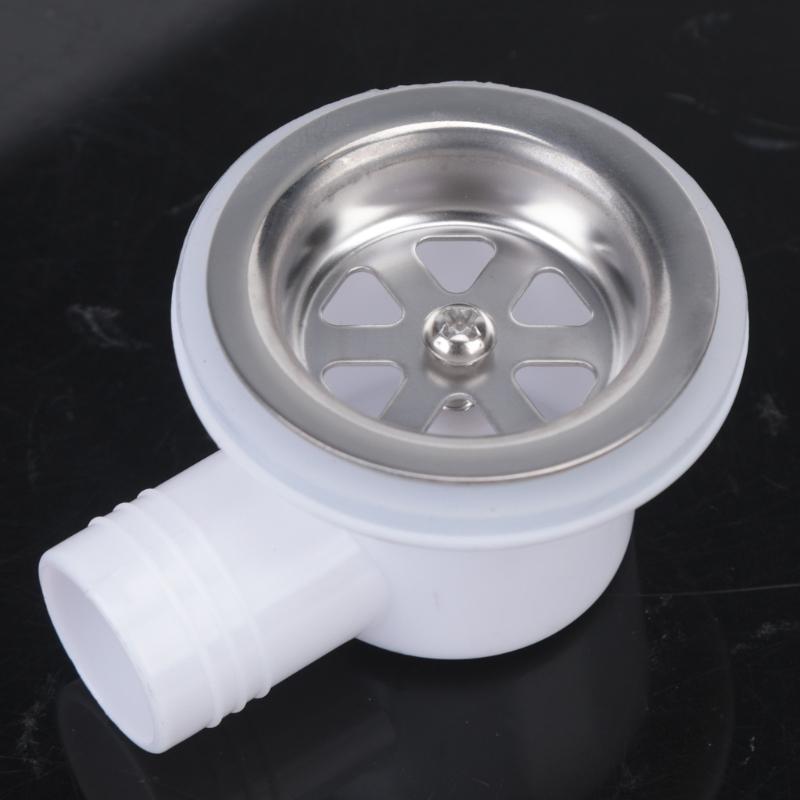 Sink Drain Assembly for Trailer and Boat Use, Angled Side Outlet Drain Fitting with Cap Chain, Plastic Body and Stainless Trim for Sink Repair