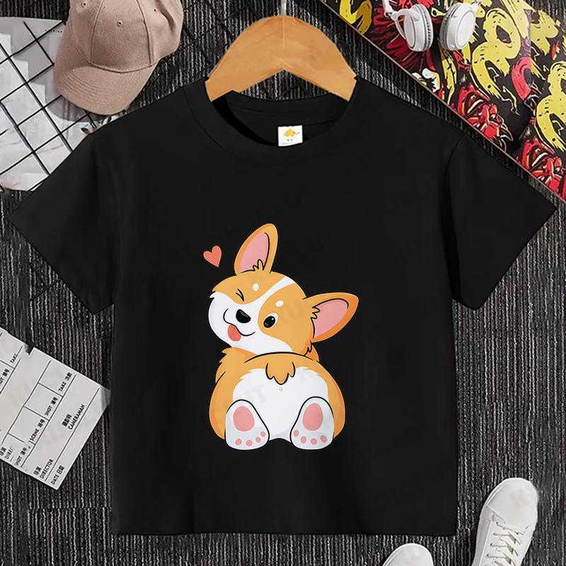 Sommer Kinder Top Corgi Print Kinder Kurzarm T-Shirt Mädchen Geburtstags T-Shirts Jungen Kleidung Lässiges O-Ausschnitt Shirt für Kind