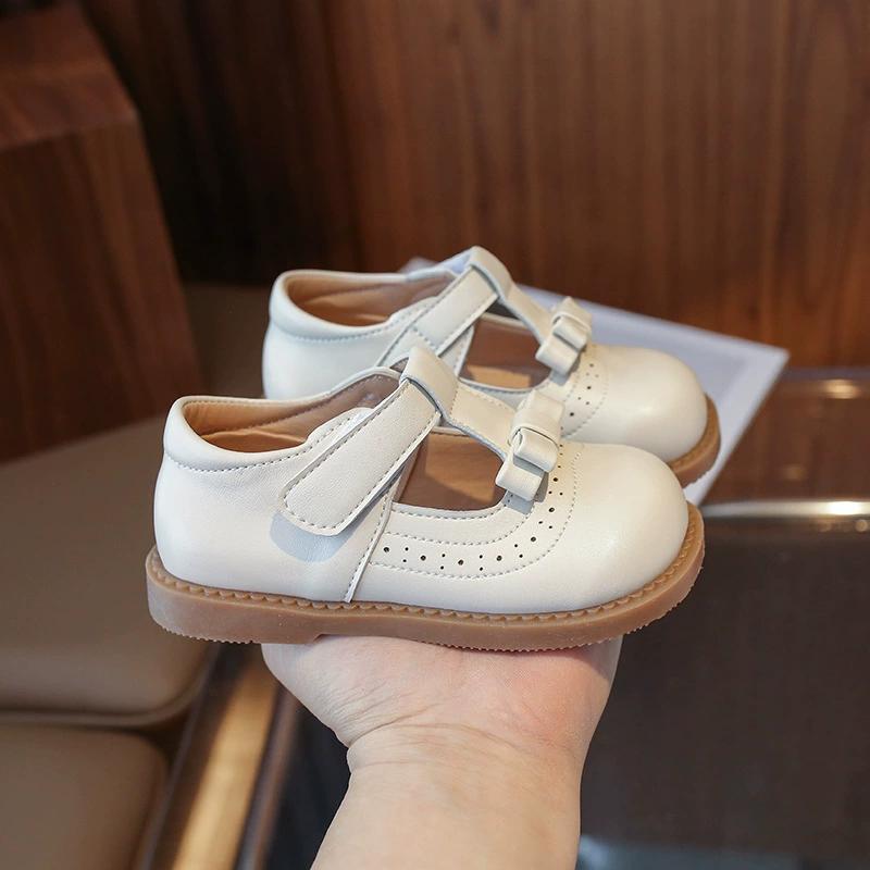 Girls Solid Color Design PU Leather Shoes Middle and Small Children Low Top Bow College Style Single Shoes