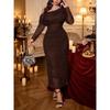 Self-improvement Slimming Annual Party Dress with A Cinched Waist, Mid-length, Wrap-style, Open Collar, Shoulderless, Sheer Lace, Large Size.