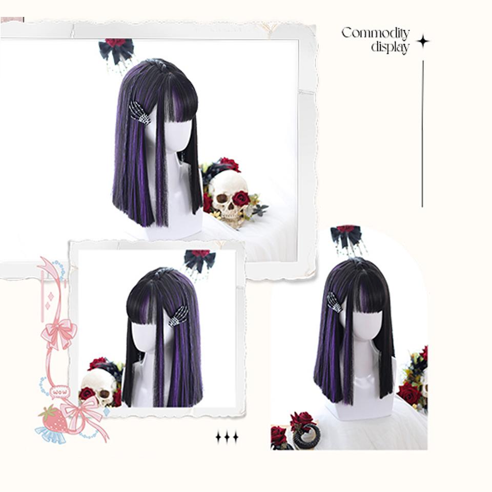 Long Ombre Colorful Synthetic Cosplay Lolita Harajuku Wig With Bangs Natural Wavy Wigs Black Highlights Purple Daily Wig