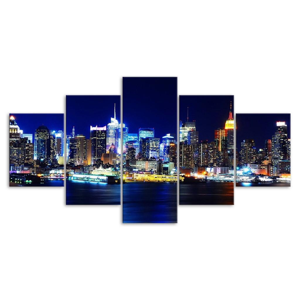 New York City Skyline Hudson River Night View 5 Piece Five Panel Wall Canvas Print Modern Art Poster Picture Home Decor Gift For Him For Her