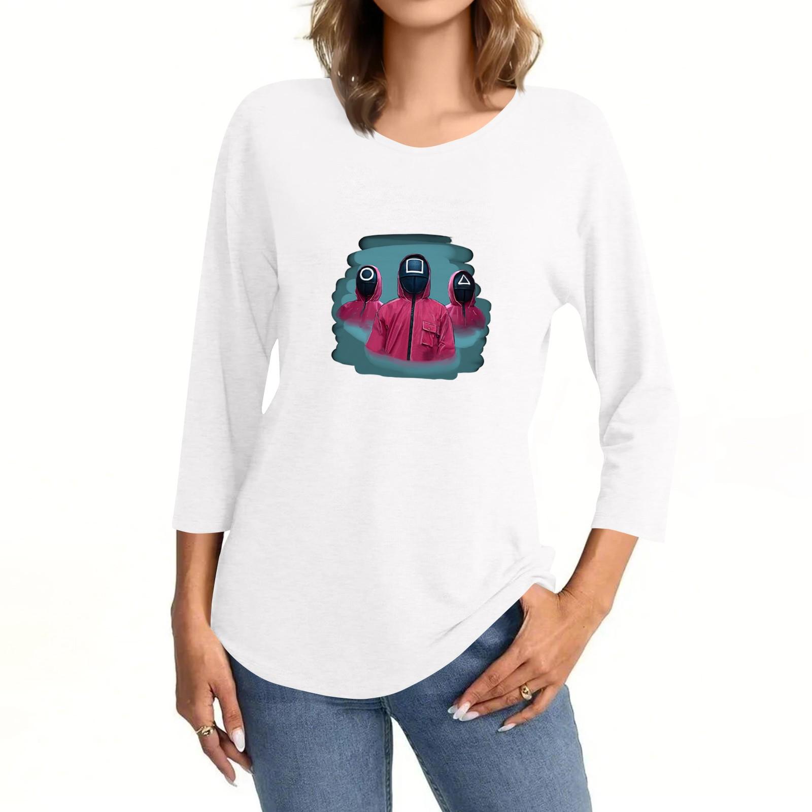 

Women s Fashionable Casual Three Quarter Sleeve Printed Collar Pullover Top L білий