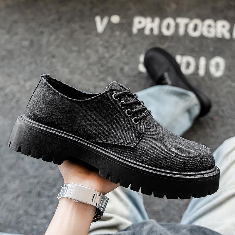 Fashion Men Canvas Leather Shoes 2025 Autumn Leisure Loafers Lace Up Platform Comfortable Non Slip Fashion Derby Shoes Wedding Party