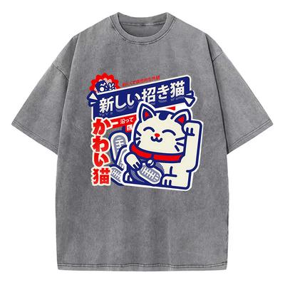 T-shirt Manga T-shirt in Cotone Lavato Vintage Stile Giapponese Grafica Gatto Anime Maglietta Casual Streetwear Top Primaverili