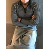 Men’s Ribbed Stripe Henley Polo Free Size (Ivory/ Gray/Black) Casual Knit Shirt