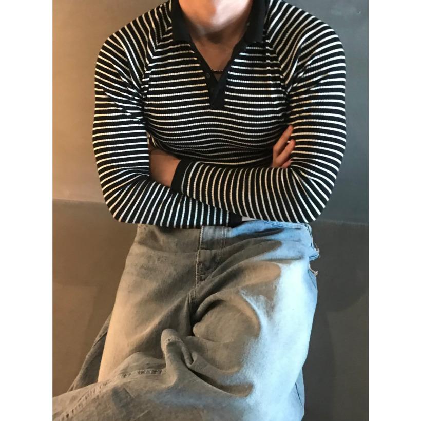 Men’s Ribbed Stripe Henley Polo Free Size (Ivory/ Gray/Black) Casual Knit Shirt