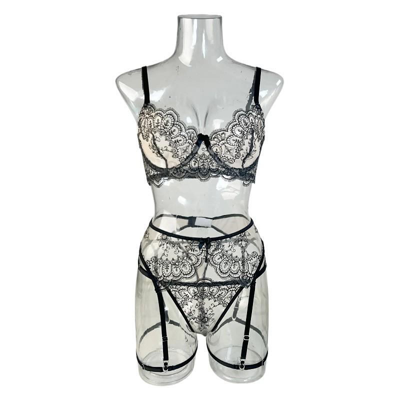 Sexy Mesh Embroidery Lingerie Set with Eyelash Lace and Garter Belt