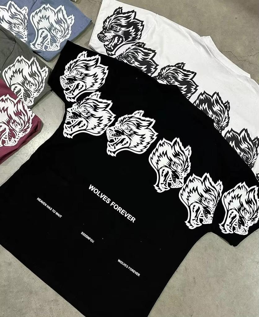 Summer Trendy Brand Women Fitness Cotton Breathable T-Shirt Gym Wolf Graphic Print Short Sleeve Solid Color T-Shirt Unisex Tees