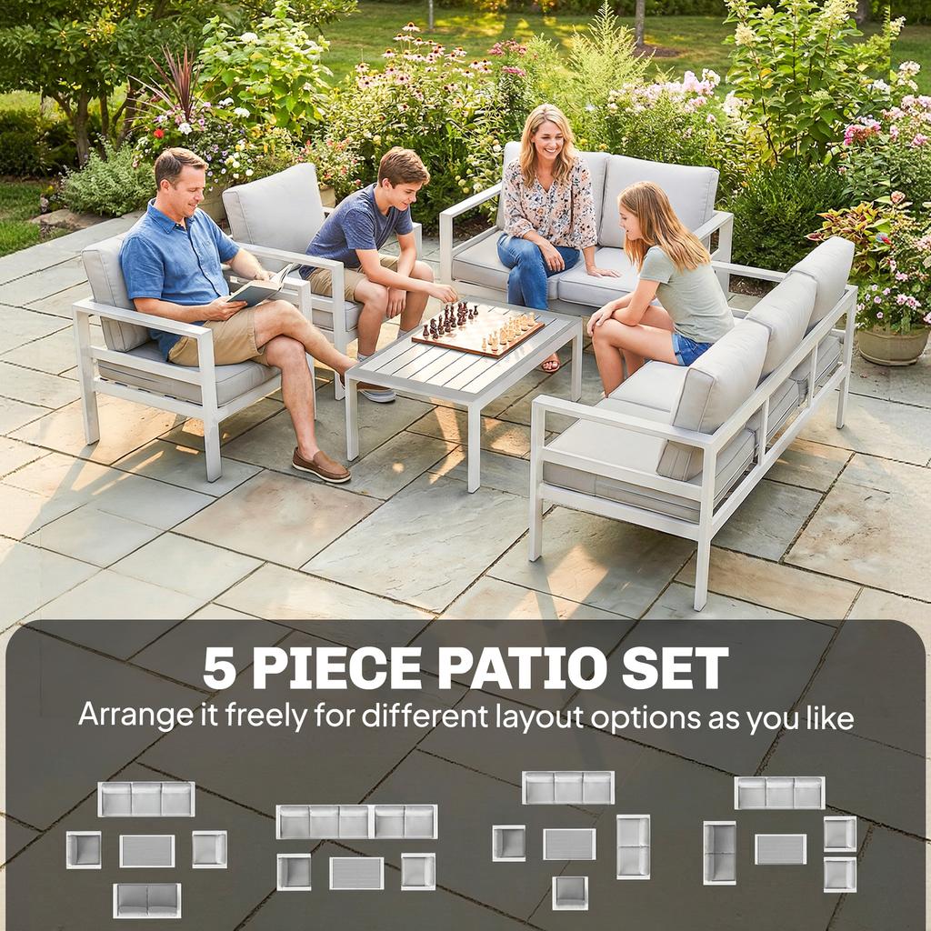 5 Pieces Aluminium Garden Furniture Set with Olefin Cushions, Extra Deep Outdoor Garden Sofa Set, White