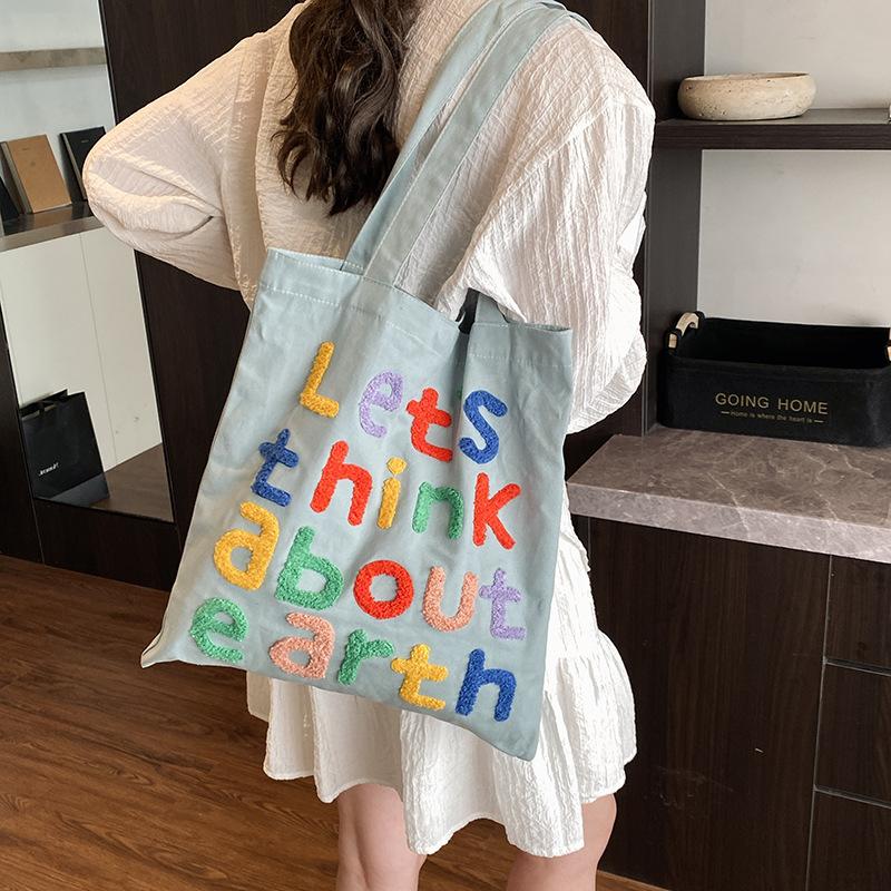 2025 New Shoulder Canvas Bag Ins Style Versatile Tote Bag Casual Commuting Simple Embroidered Letter Big Bag
