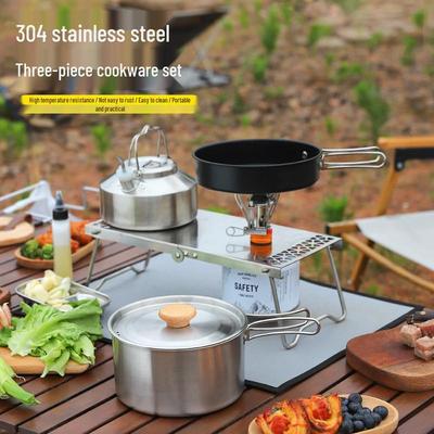 Portable 304 Stainless Steel Camping Cookware Set: Non-stick Frying Pan, Pot, and Kettle
