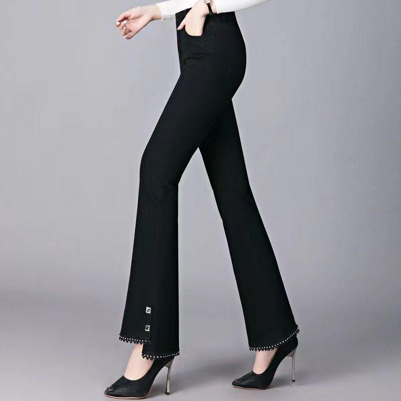 Fashion Simple Commuting Flared Pants Black Casual Women Spring Autumn Slim Elastic High Waiste Pocket Office Lady Trousers 2023