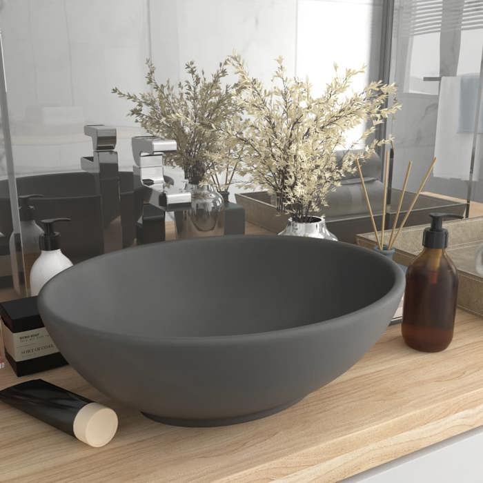 VidaXL Lavabo Ovale de Luxe Vasque à Poser de Toilette Lave-mains de Salle de Bain Cuisine Maison Intérieur Gris Foncé Mat 146928