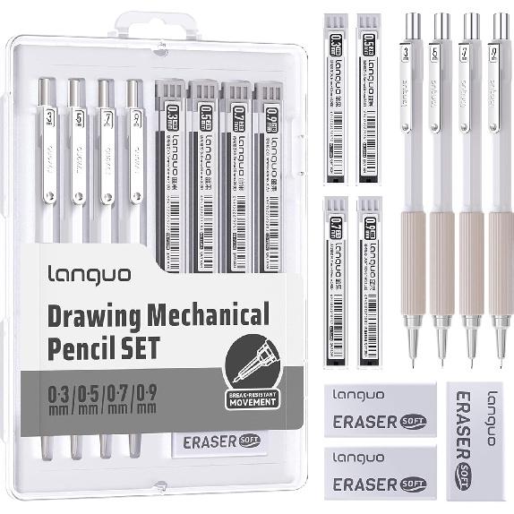 Mechanical Pencil Set with Case, 4PCS 0.7mm Art Mechanical Pencils + 40PCS HB Lead Refills + 40PCS 2B Lead Refills + 3PCS Erasers+ 1PCS Case, Drawing
