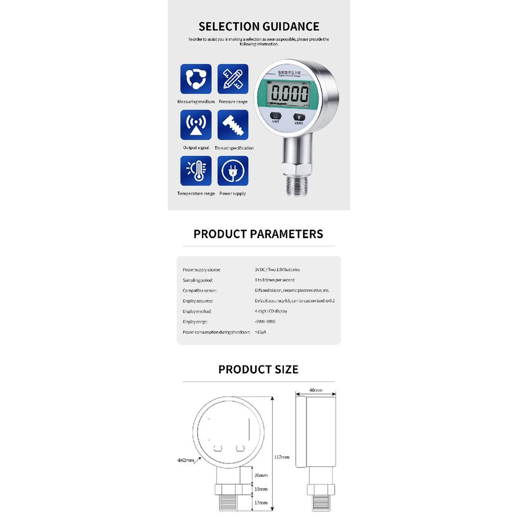 60mm Dial Size Stainless Steel Intelligent Digital Display Pressure Gauge High-precision Water Air Pressure Meter ManometER