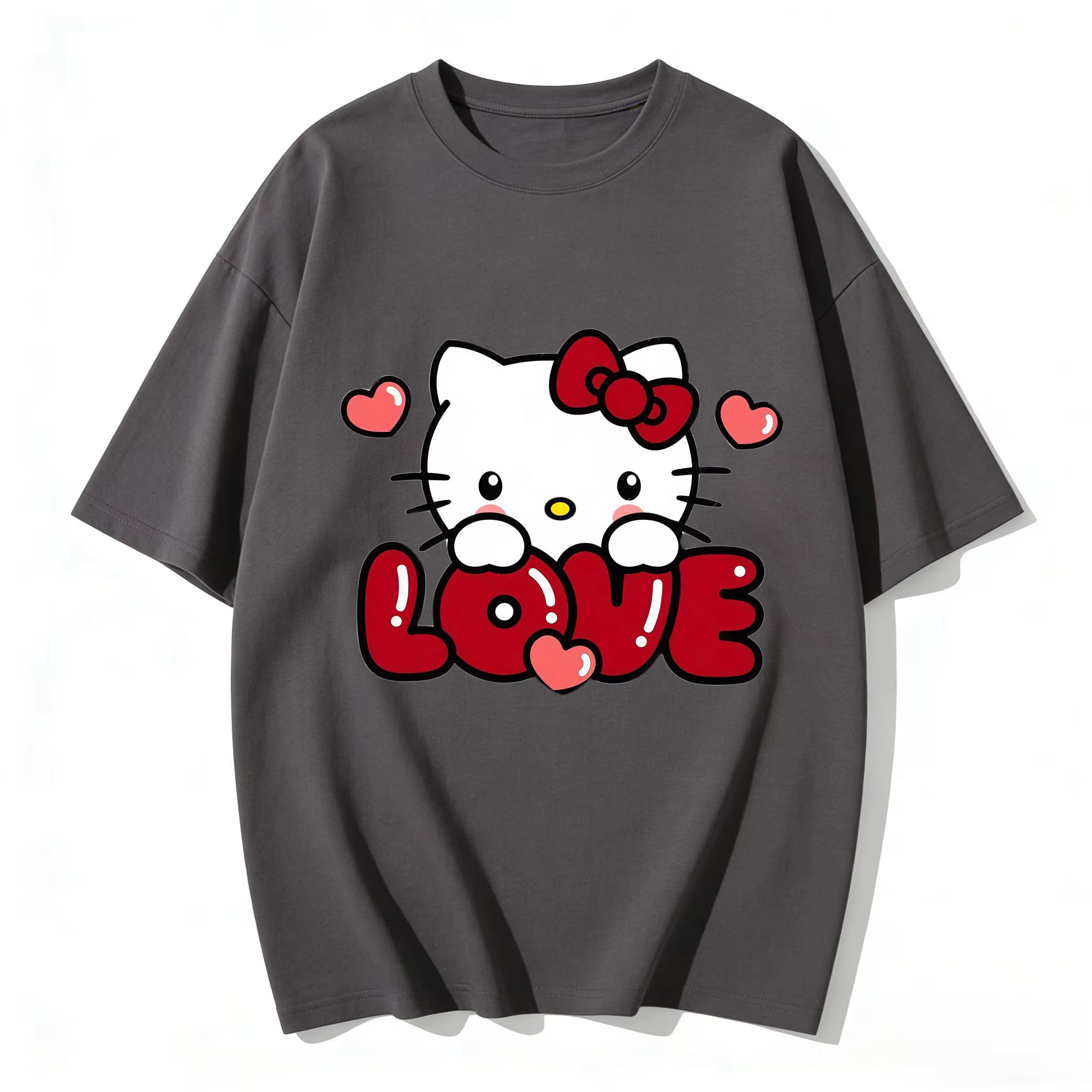 2026 Hello Kitty Cartoon Printed Short Sleeve Summer Cotton Tshirt Flower Comfortable summer loose Tshirt for Women S