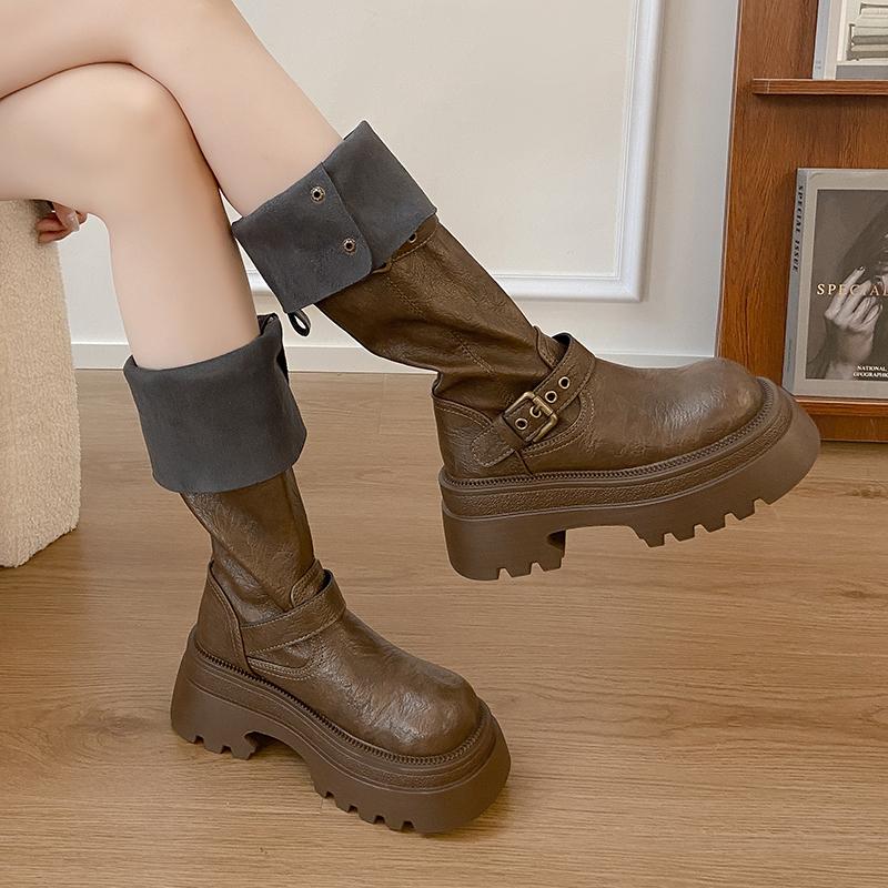 

Новая женская обувь Базовая классика Сапоги до колена Женские Пряжка на ремне Боковая молния Круглый носок Обувь на танкетке Платформа Женские Zapatos Mujer 40 коричневый