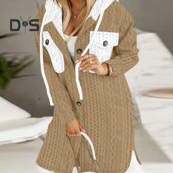Women Fall Winter Sweater Coat Hooded Drawstring Twisted Pattern Contrast Color Thick Knitted Solid Color Long Sleeve Mid Length Pockets Split Hem