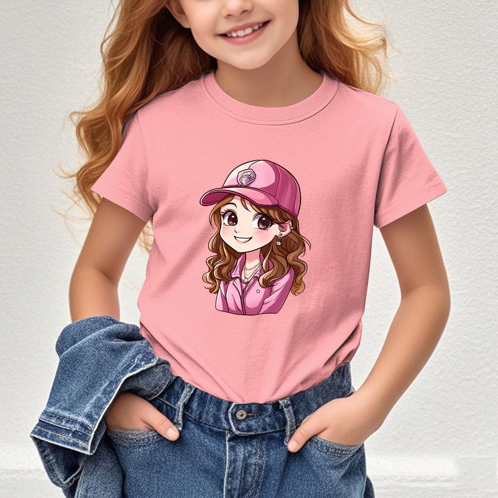 Girls New Cartoon Printed Shortsleeved Tshirt Summer Shortsleeved Tshirt Childrens Round Neck Top  polyester fabric