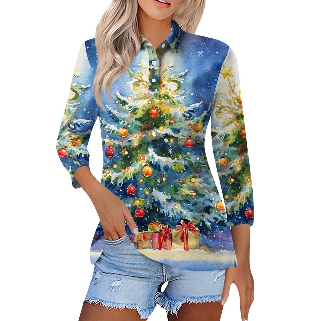 Dámská móda Ležérní klopa Krátký 3/4 rukáv Vánoční potisk Košile Dámské knoflíkové topy