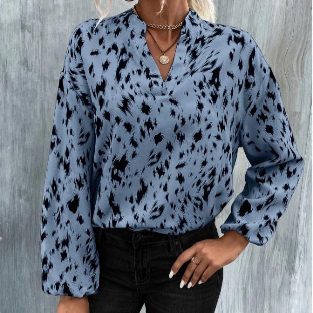 QICED Jaro Podzim Módní Polyesterový Pulovr s Leopardím Vzorem Dlouhý Rukáv Výstřih do V Volný Střih Dámská Košile