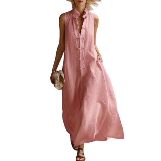 

Women s Summer Sleeveless Button Down Tank Dress Stand Collar Casual Cotton Linen Long Dress Loose A-Line Flowy Beach Sundress L рожевий
