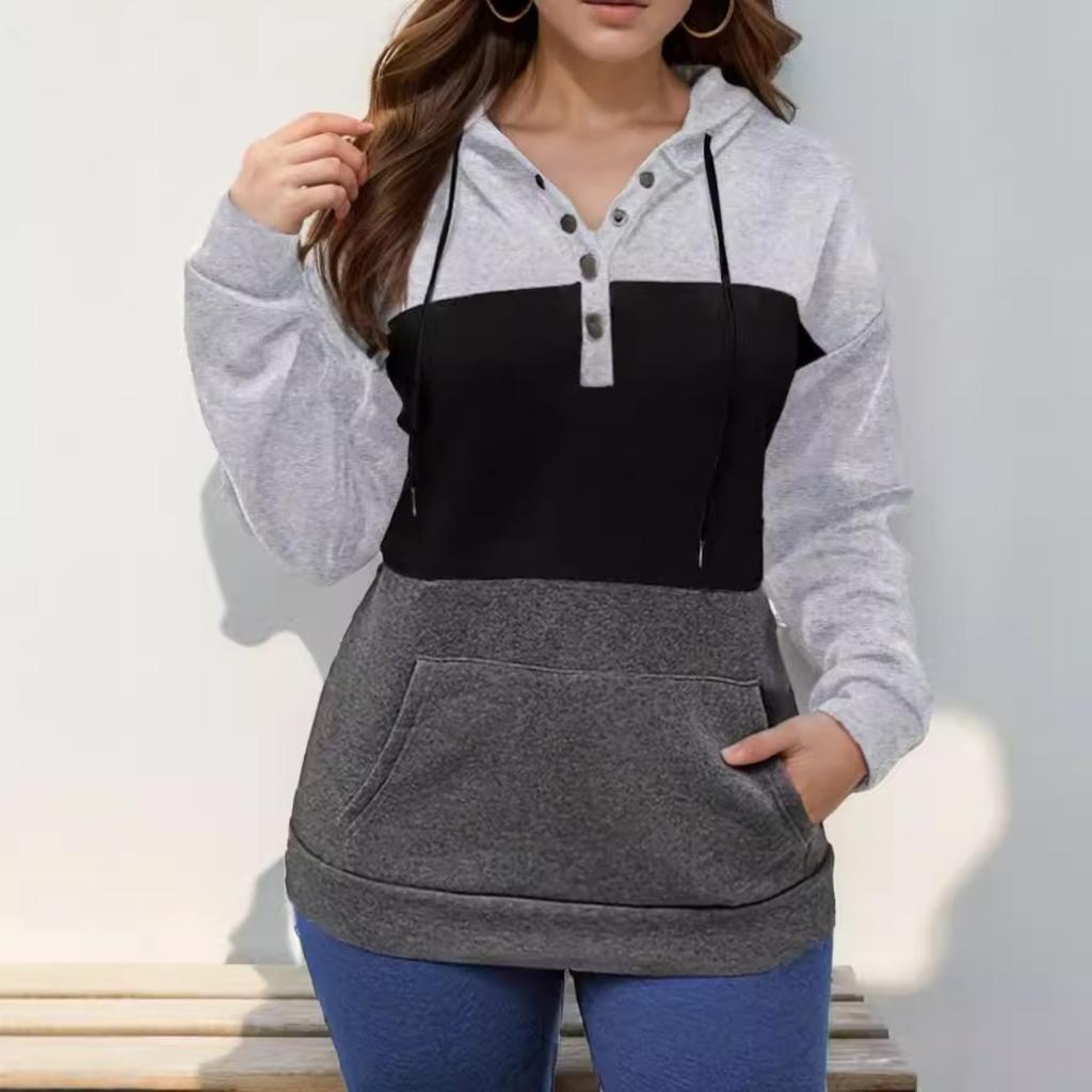 Women's Hooded Long Sleeve Loose Fit Sweatshirt Casual Colorblock Pullover Top